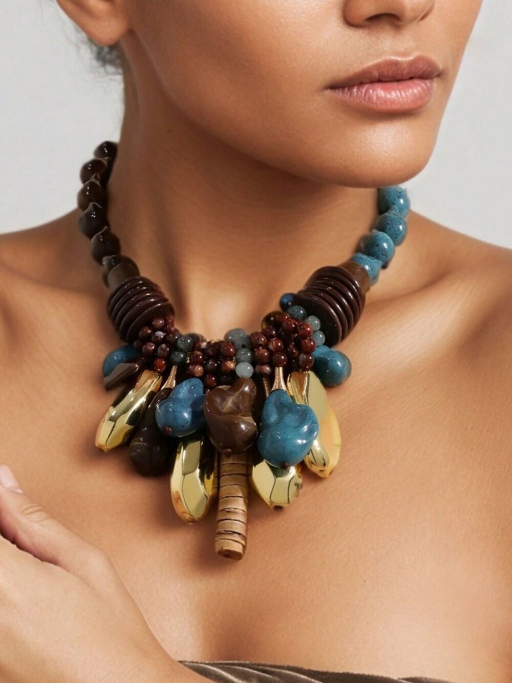 Boho Women's Coffee Blue Acrylic Bead Pendant Necklace